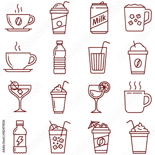 Fototapeta Beverage Icons Set, Collection Of Coffee Milk And Cocktail Symbols For Drink Design Project Management And Bar Applications


