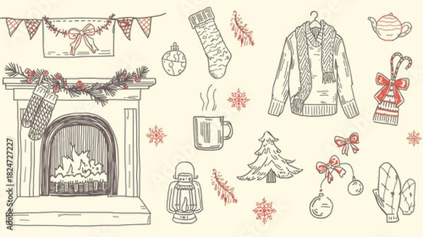 Obraz Cozy winter holiday elements fireplace stockings sweater cocoa mug pine branches christmas vector