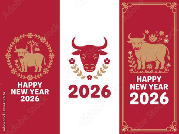 Fototapeta Chinese New Year 2026, Year of the Ox, with decorative elements and text.