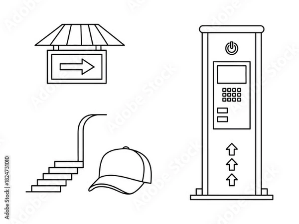 Fototapeta A collection of simple line drawings including a sign, stairs, a cap, and a ticket machine.