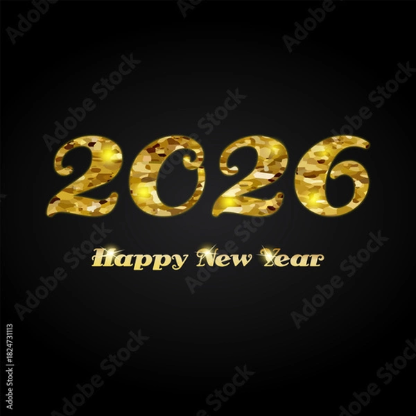 Fototapeta Happy New Year 2026 greeting card with gold glitter text on a luxury dark black background.