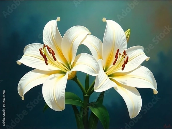 Fototapeta Two beautiful white lilies bloom gracefully against a soft blue backdrop