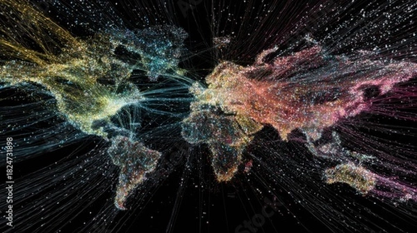 Obraz This artwork illustrates the flow of data connections around the world, featuring dynamic light trails that represent network interactions among continents and regions.