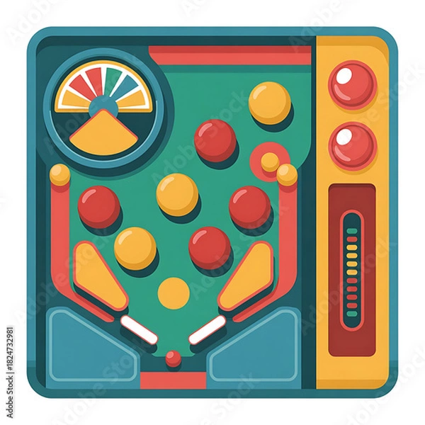 Obraz Colorful Retro Pinball Game Illustration.generative ai

Short Description abright and playful illustration of a retro pinball game featuring vibrant colors, round bumpers, buttons, and classic arcade 