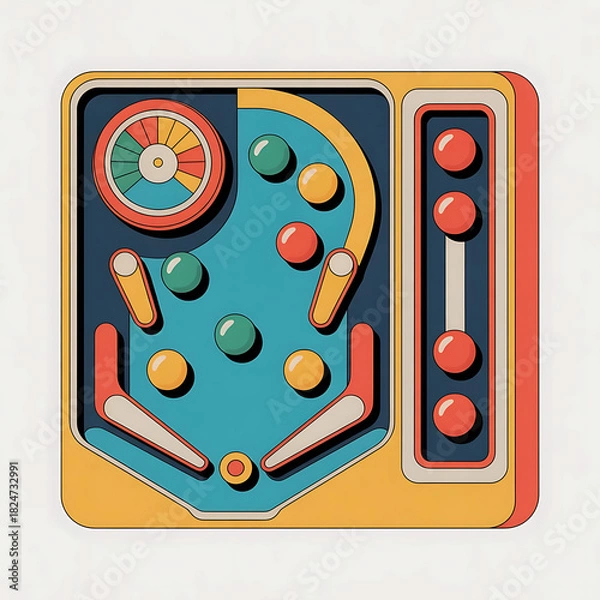 Fototapeta Colorful Retro Pinball Game Illustration.generative ai

Short Description abright and playful illustration of a retro pinball game featuring vibrant colors, round bumpers, buttons, and classic arcade 