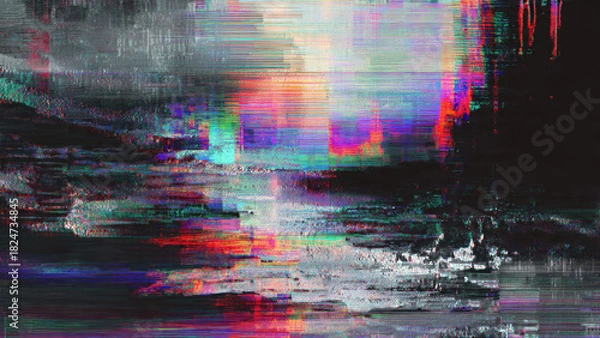 Fototapeta Vibrant digital glitch art showcasing colorful horizontal lines and pixel distortion, creating an abstract and dynamic visual resembling a corrupted signal or futuristic landscape.