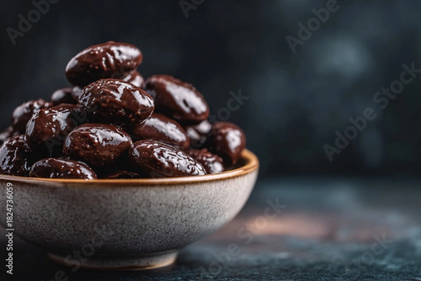 Fototapeta Chocolate-covered almonds in a ceramic bowl.