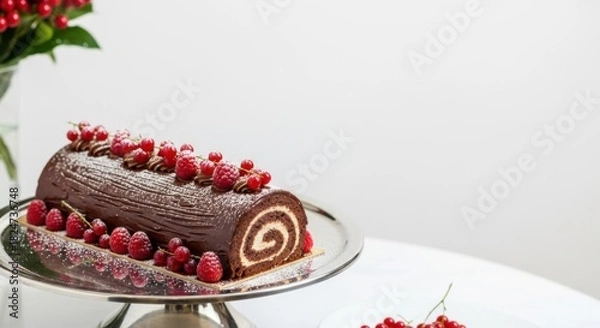 Fototapeta Festive Chocolate Log Cake with Fresh Raspberries