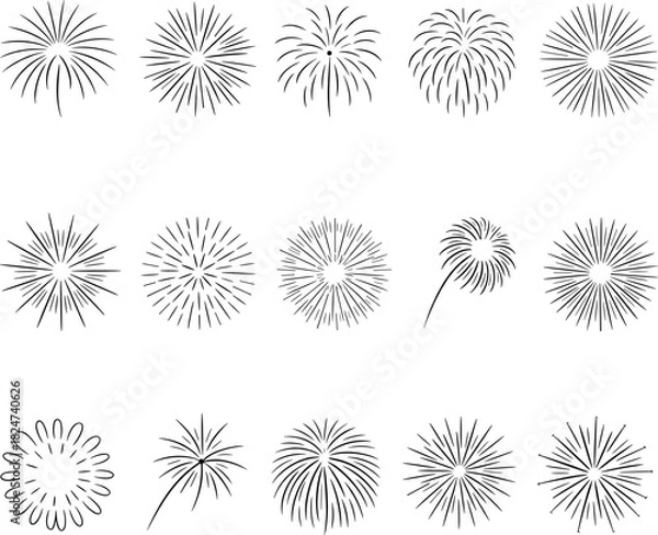 Obraz Collection of black line art fireworks bursts on white
