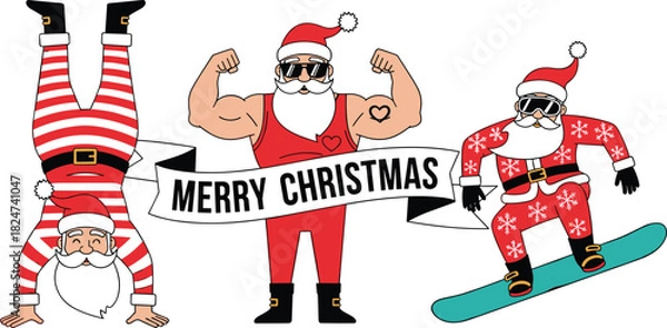 Fototapeta Strong, fit Santa Claus character doing a handstand, showing muscles, and snowboarding with "Merry Christmas" banner, funny holiday gym vector.