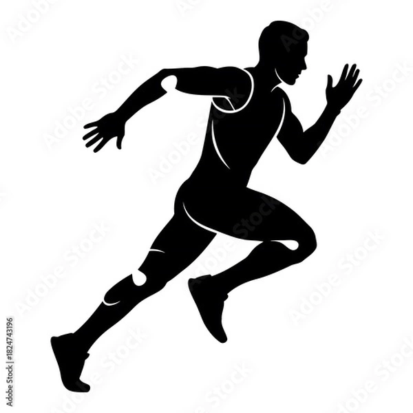 Fototapeta Black silhouette of a male runner in dynamic motion on a white background running
