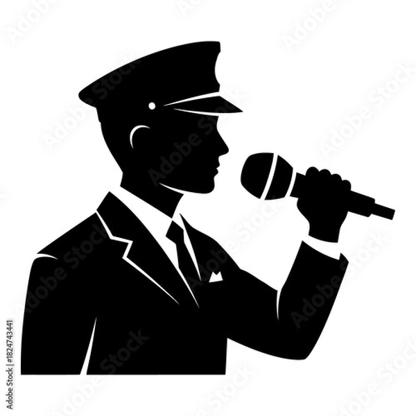 Fototapeta Black silhouette of a man in a cap speaking into a microphone image 1