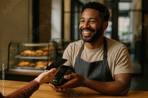 Fototapeta Happy barista assisting customer with mobile payment at checkout in modern cafe, showcasing seamless transactions and excellent customer service experiences