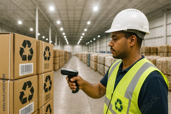 Fototapeta Efficient warehouse worker scanning recycle boxes with modern equipment for inventory tracking and supply chain management, promoting sustainability