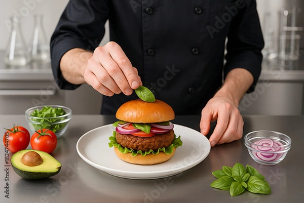Obraz Chef delicately garnishing gourmet burger with fresh basil in a modern kitchen, showcasing healthy, delicious food preparation and culinary artistry