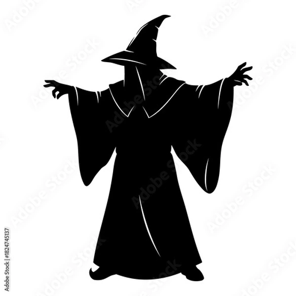 Fototapeta Black silhouette of a wizard in a pointed hat and flowing robe casting a spell magic sorcerer