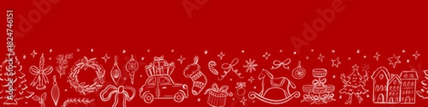 Obraz Seamless Christmas border with festive doodles on red background