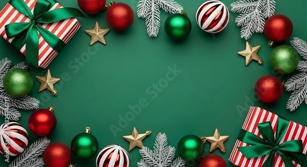 Obraz Festive christmas ornaments and gifts border on green background