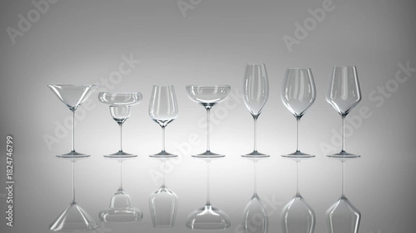 Fototapeta Set of various glasses for cocktails and wine. 3d illustration on light gray glossy gradient background