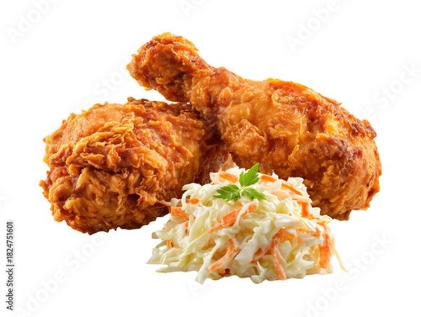 Fototapeta Fried chicken drumsticks with coleslaw salad isolated on transparent or white background, png