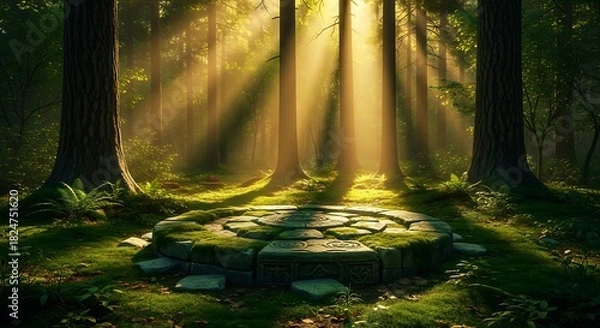 Fototapeta Sunlight streams through ancient forest onto a mystical mosscovered stone circle