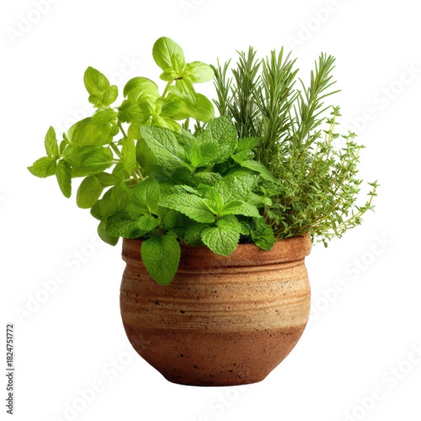 Fototapeta herbs in a pot, Fresh Green Herbs Growing in a Pot Creating a Simple, Natural Kitchen Garden Look, isolated on transparent background