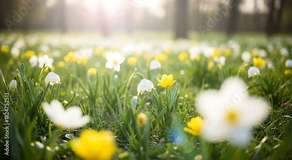 Fototapeta Spring meadow with white and yellow flowers bathed in morning sunlight
