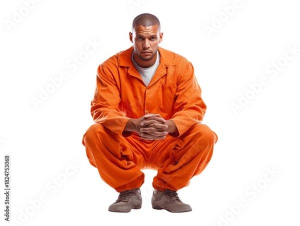 Fototapeta Prisoner in orange jumpsuit squatting isolated on transparent or white background, png