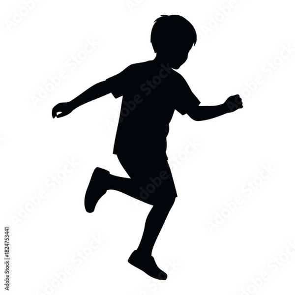 Fototapeta Black silhouette of a young boy running and jumping against a white background child 1