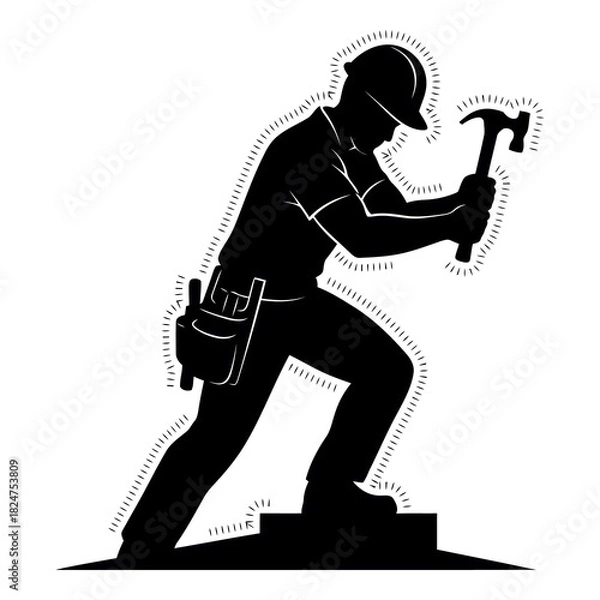 Fototapeta Black silhouette construction worker with hammer and tool belt on steps image 1