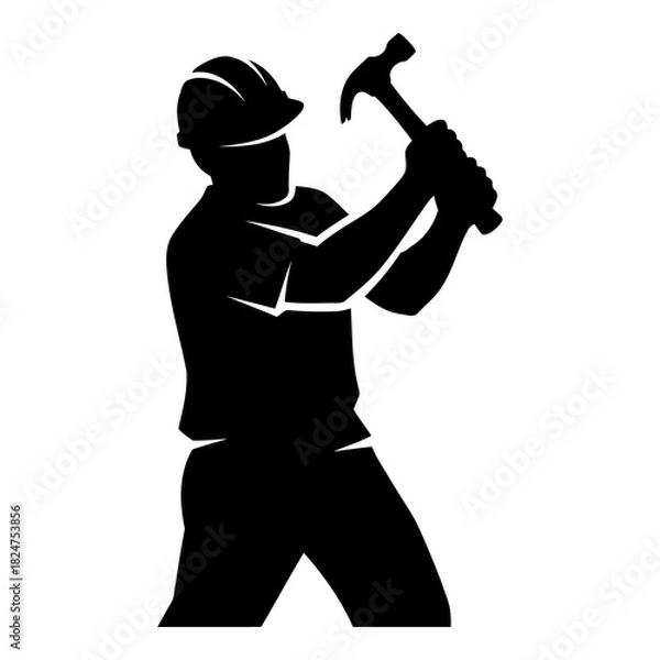Fototapeta Black silhouette of construction worker with hammer on white background hardhat image