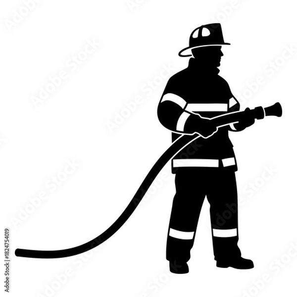 Fototapeta Black silhouette of firefighter holding water hose on white background vector image