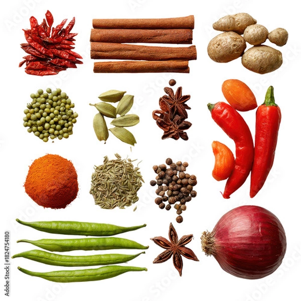 Fototapeta indian meal food ingredient vegetable, A vibrant selection of Indian meal ingredients, featuring fresh coriander, turmeric root, and mixed vegetables, isolated on transparent background