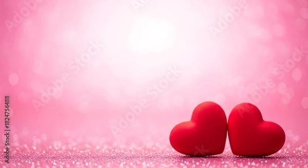 Fototapeta Two red hearts on a sparkling pink background, symbolizing love and romance
