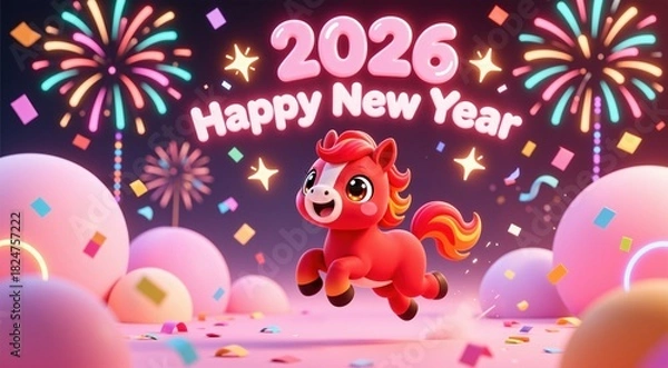 Obraz 2026 Happy New Year greeting card with an adorable, smiling horse character surrounded by colorful fireworks, stars, and confetti, featuring a bright and joyful.