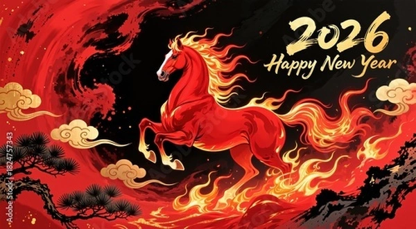Fototapeta 2026 Happy New Year greeting card, featuring a powerful red horse rearing amidst ink brush strokes, golden clouds, and flames, symbolizing the Chinese Zodiac.