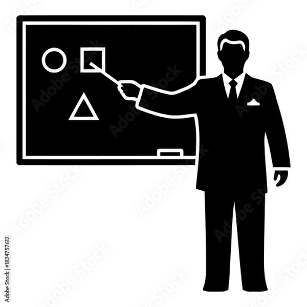 Fototapeta Silhouette man in suit pointing stick at geometric shapes on blackboard shirt