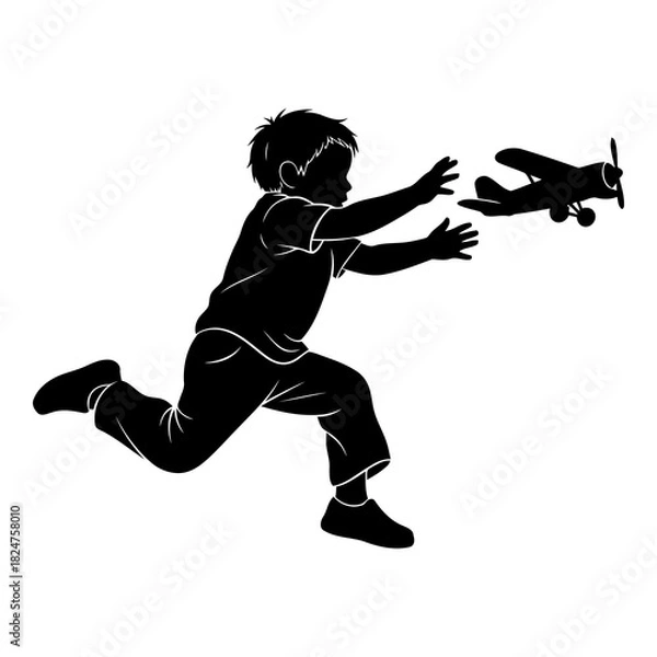 Fototapeta Black silhouette of a boy running to catch a toy airplane child chasing 1