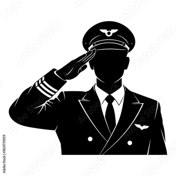 Fototapeta Black silhouette of pilot in uniform saluting with wings emblem on cap and jacket hand