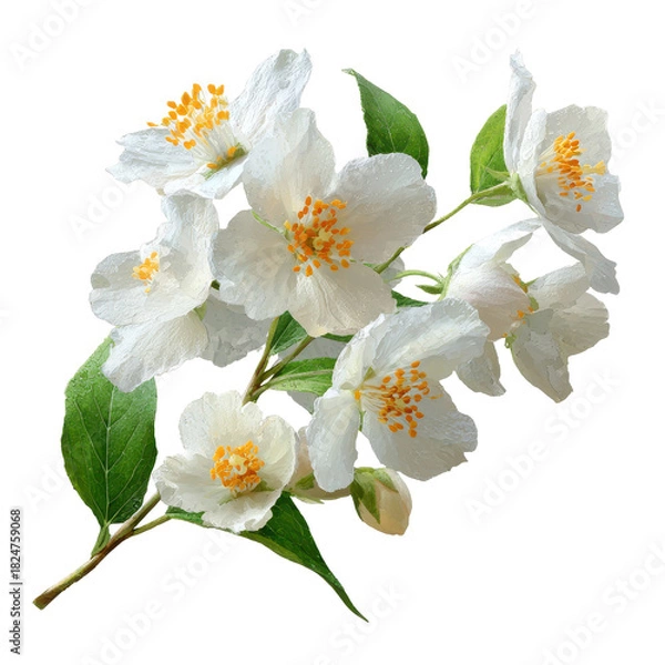 Fototapeta jasmine flowers, A branch of jasmine flowers featuring small white blooms and dark green leaves, highlighting their natural elegance, isolated on transparent background