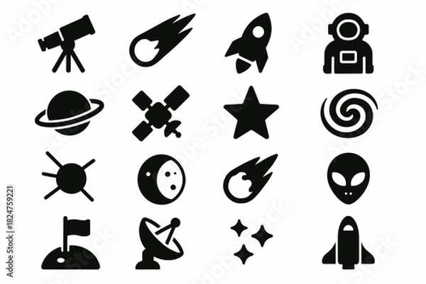 Fototapeta Space icons collection featuring telescope, rocket, and alien symbols