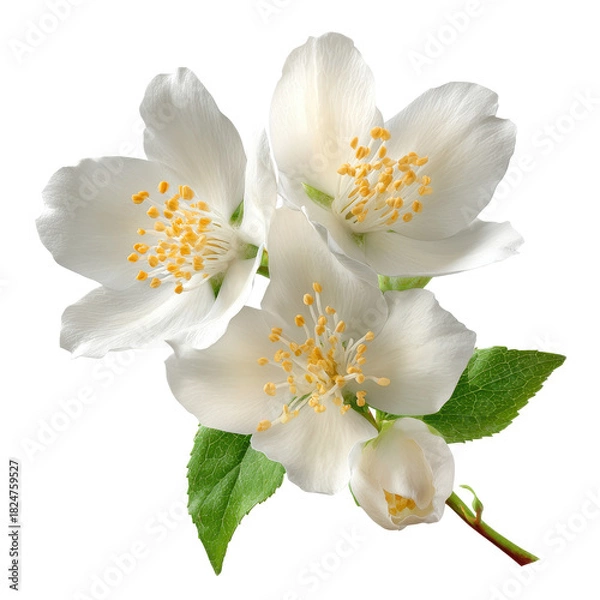 Fototapeta jasmine flowers, A branch of jasmine flowers featuring small white blooms and dark green leaves, highlighting their natural elegance, isolated on transparent background