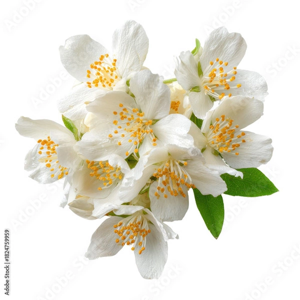 Fototapeta jasmine flowers, A branch of jasmine flowers featuring small white blooms and dark green leaves, highlighting their natural elegance, isolated on transparent background