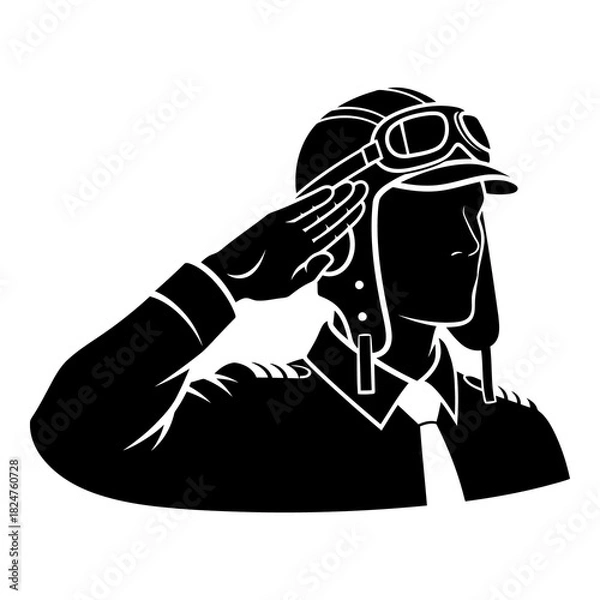 Fototapeta Black silhouette of pilot in vintage aviator cap and goggles saluting image
