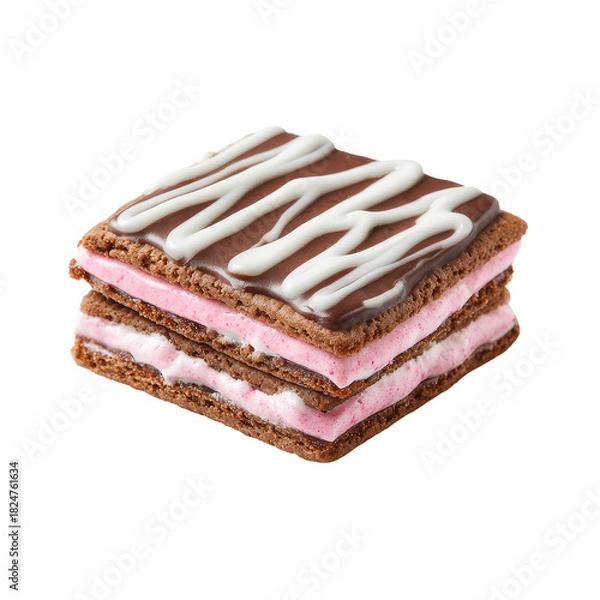Fototapeta layered cookie with chocolate pink cream, A layered cookie with a chocolate exterior and a creamy pink filling in between, isolated on transparent background