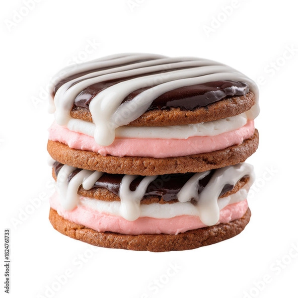 Fototapeta layered cookie with chocolate pink cream, A layered cookie with a chocolate exterior and a creamy pink filling in between, isolated on transparent background