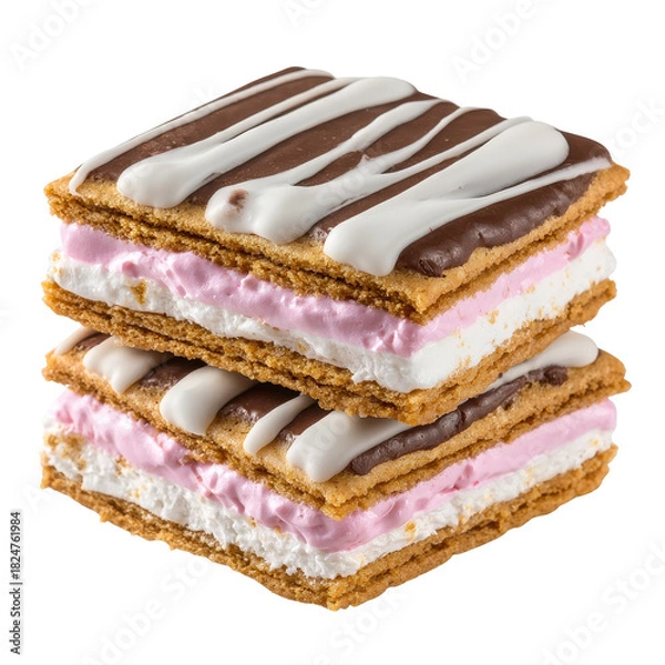 Fototapeta layered cookie with chocolate pink cream, A layered cookie with a chocolate exterior and a creamy pink filling in between, isolated on transparent background
