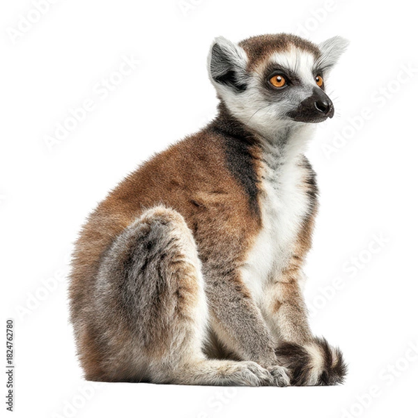 Fototapeta Lemur, A lemur with a bushy tail and bright eyes, resting on a tree limb amidst vibrant green leaves, isolated on transparent background