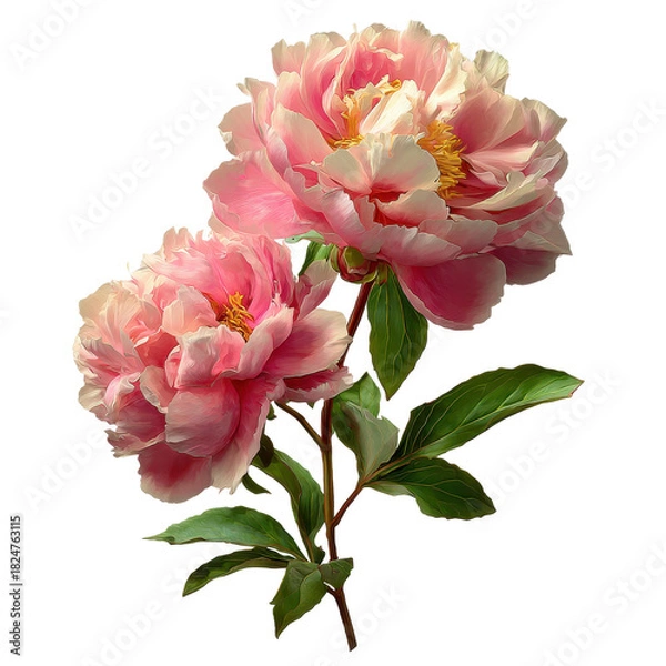 Fototapeta light pink peonies, Light pink peonies arranged artistically, displaying their fluffy blooms and contrasting green leaves in a natural setting, isolated on transparent background