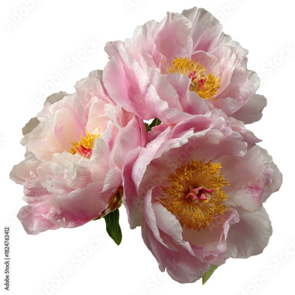 Fototapeta light pink peonies, Light pink peonies arranged artistically, displaying their fluffy blooms and contrasting green leaves in a natural setting, isolated on transparent background